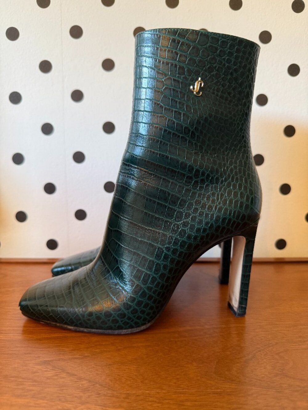 Jimmy Choo Green Crocodile Embossed Heeled Boots Luxury Designer